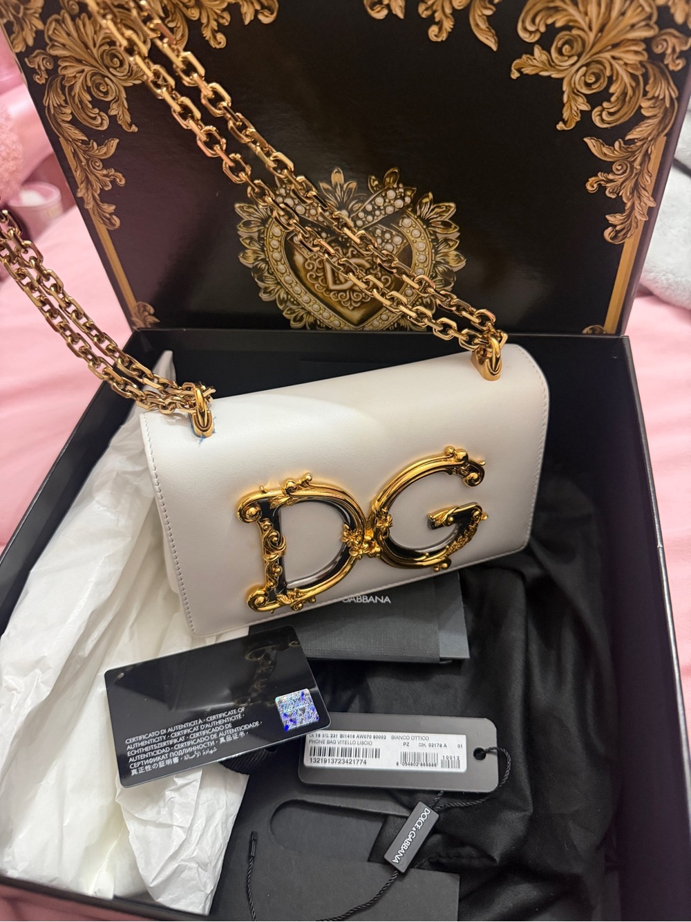Authentic Dolce & Gabbana White Leather Shoulder Bag with Gold DG Hardware